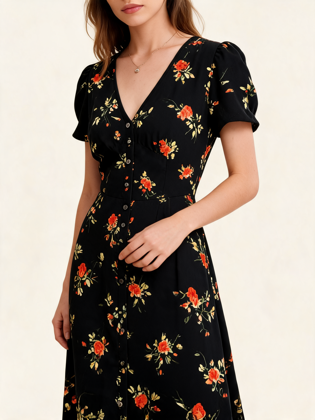 Black Floral V-Neck Short Sleeve Maxi Dress