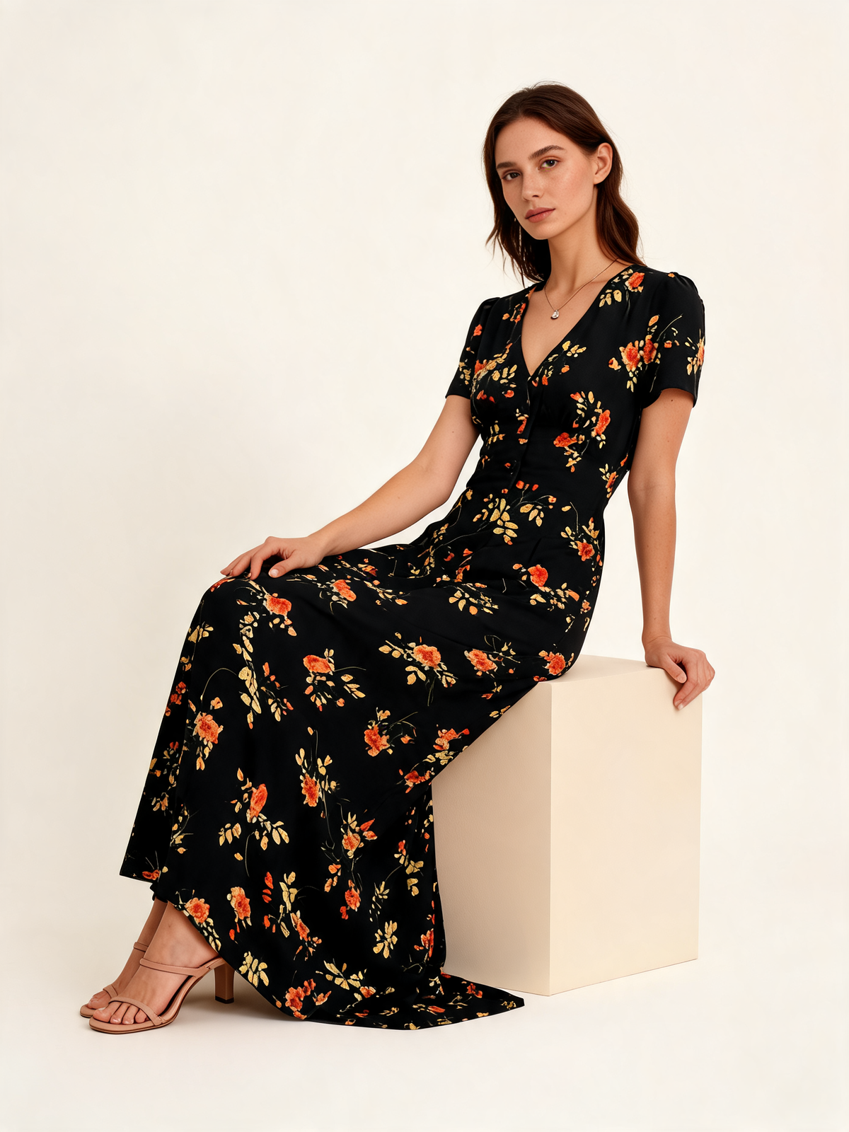 Black Floral V-Neck Short Sleeve Maxi Dress