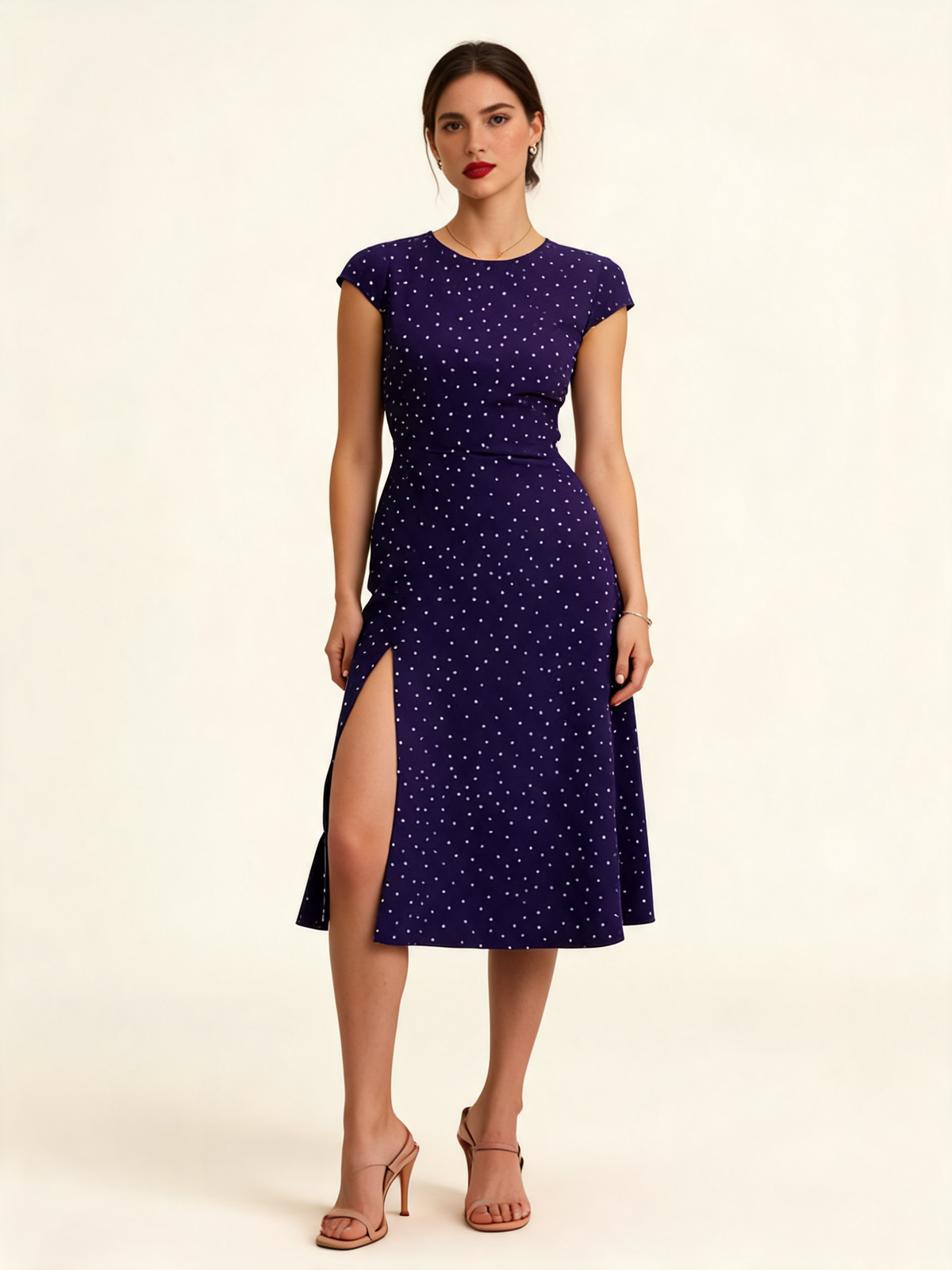 Navy Polka Dot Cutout Midi Dress