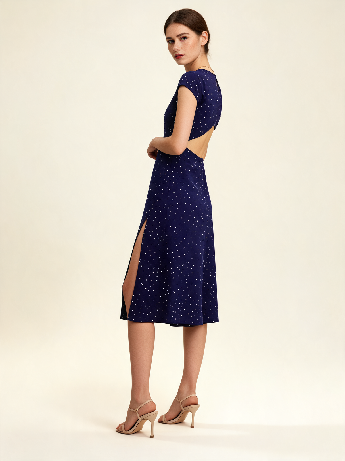 Navy Polka Dot Cutout Midi Dress