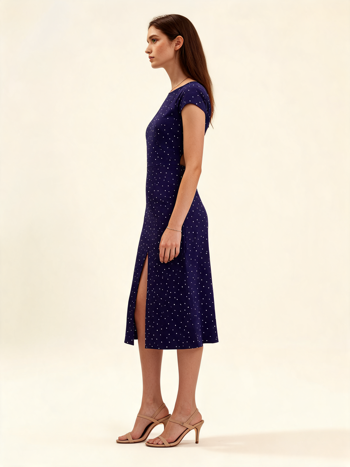 Navy Polka Dot Cutout Midi Dress
