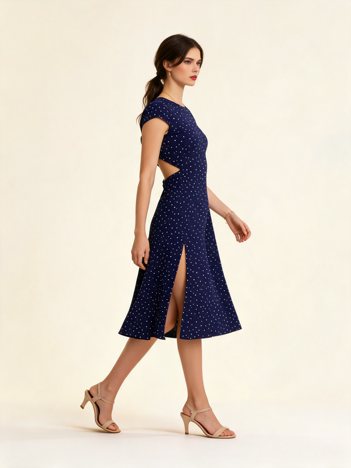 Navy Polka Dot Cutout Midi Dress