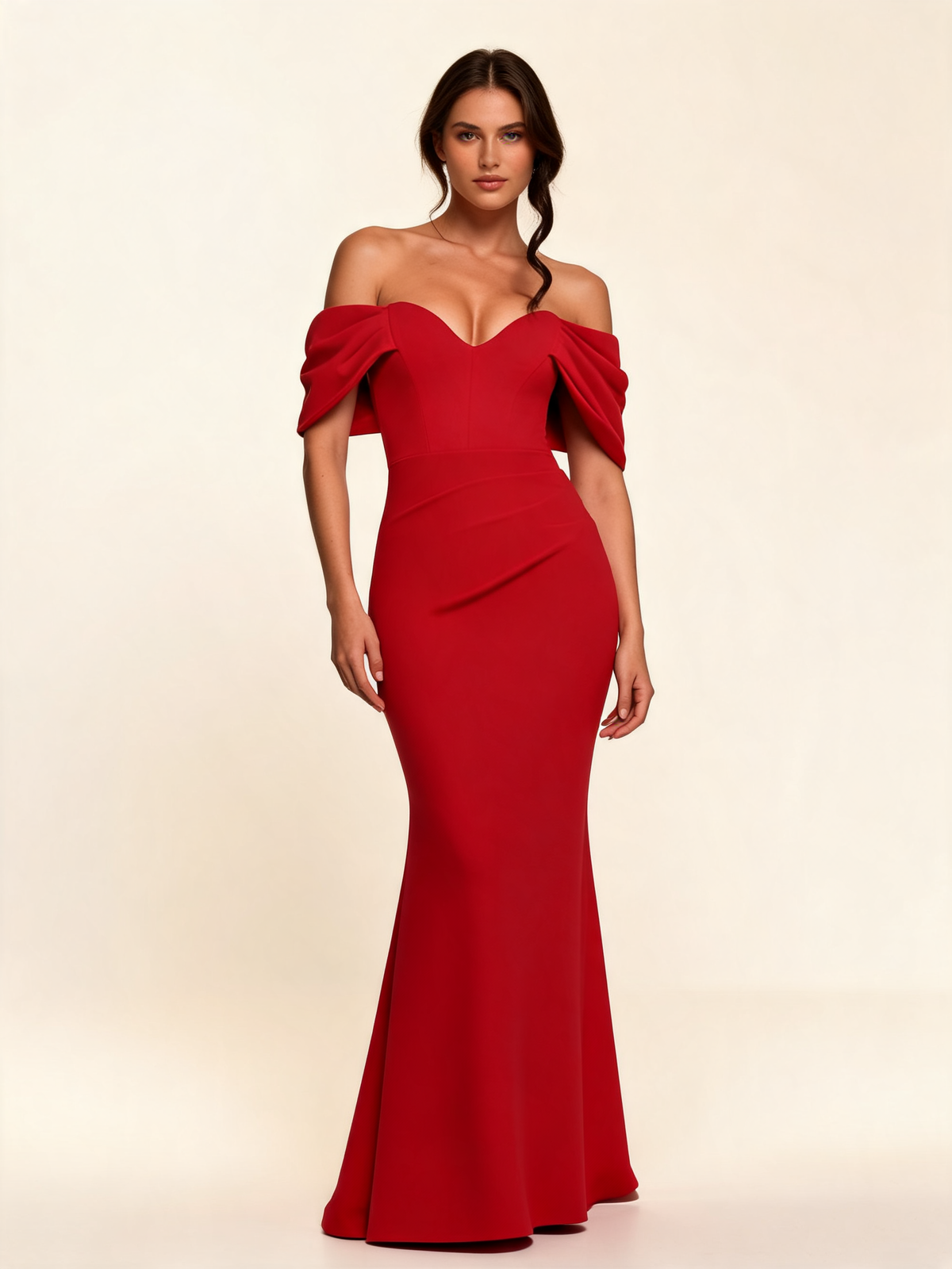 Red Off-Shoulder Draped Sleeve Maxi Dress