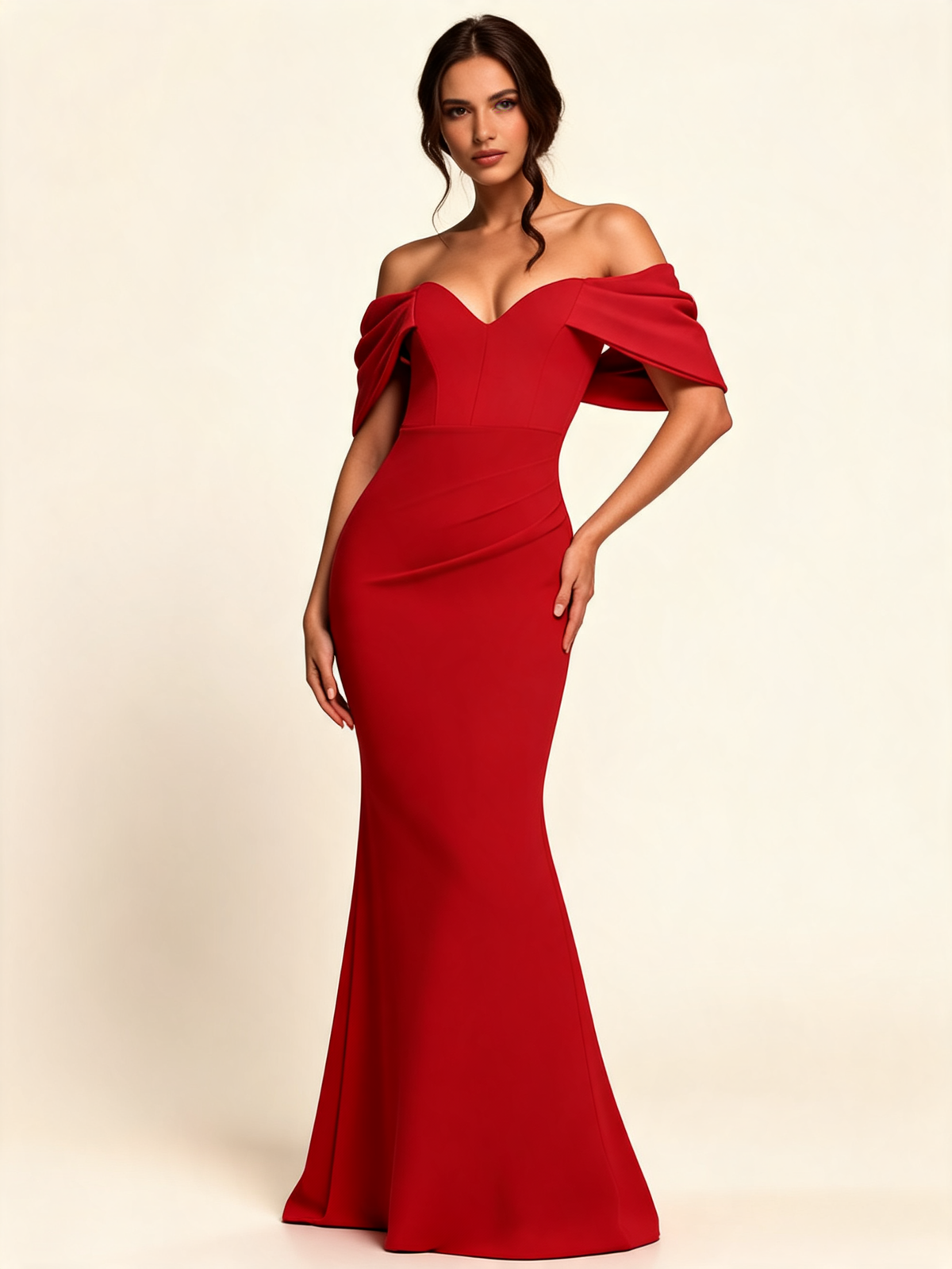 Red Off-Shoulder Draped Sleeve Maxi Dress