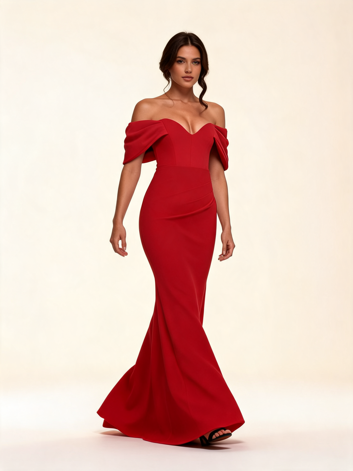 Red Off-Shoulder Draped Sleeve Maxi Dress