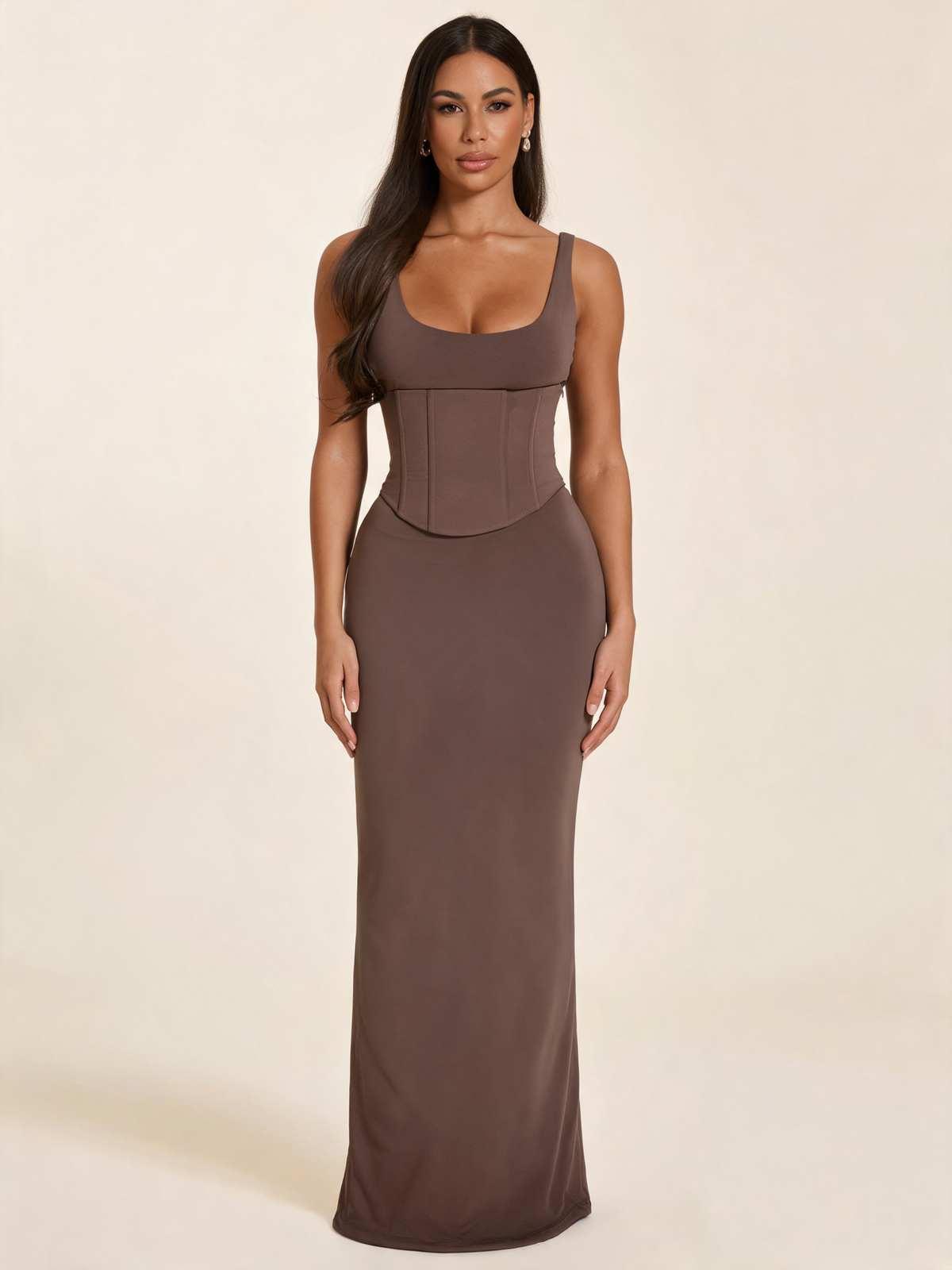 Brown Scoop Corset Maxi Dress