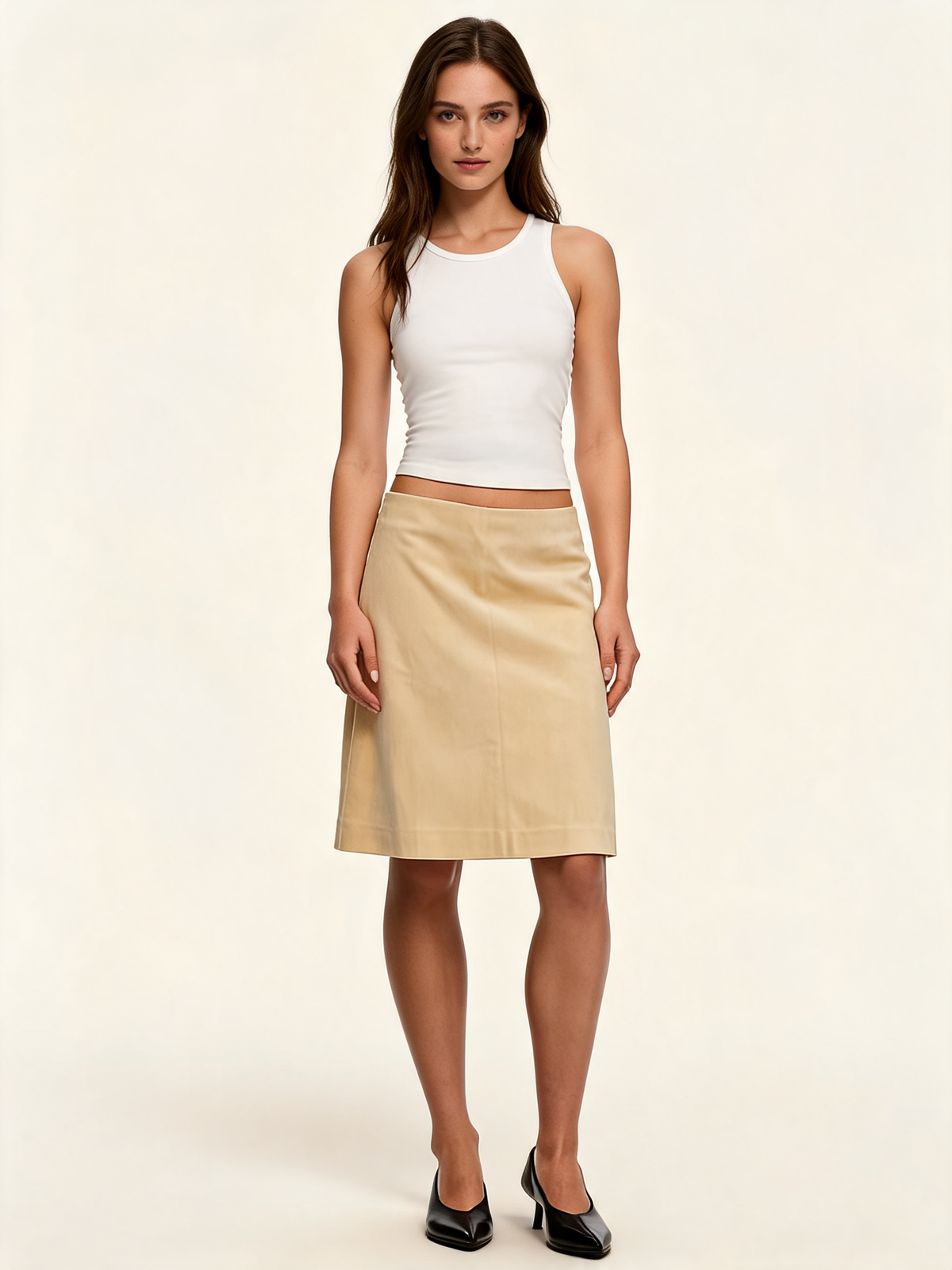 Beige Suede A-Line Midi Skirt