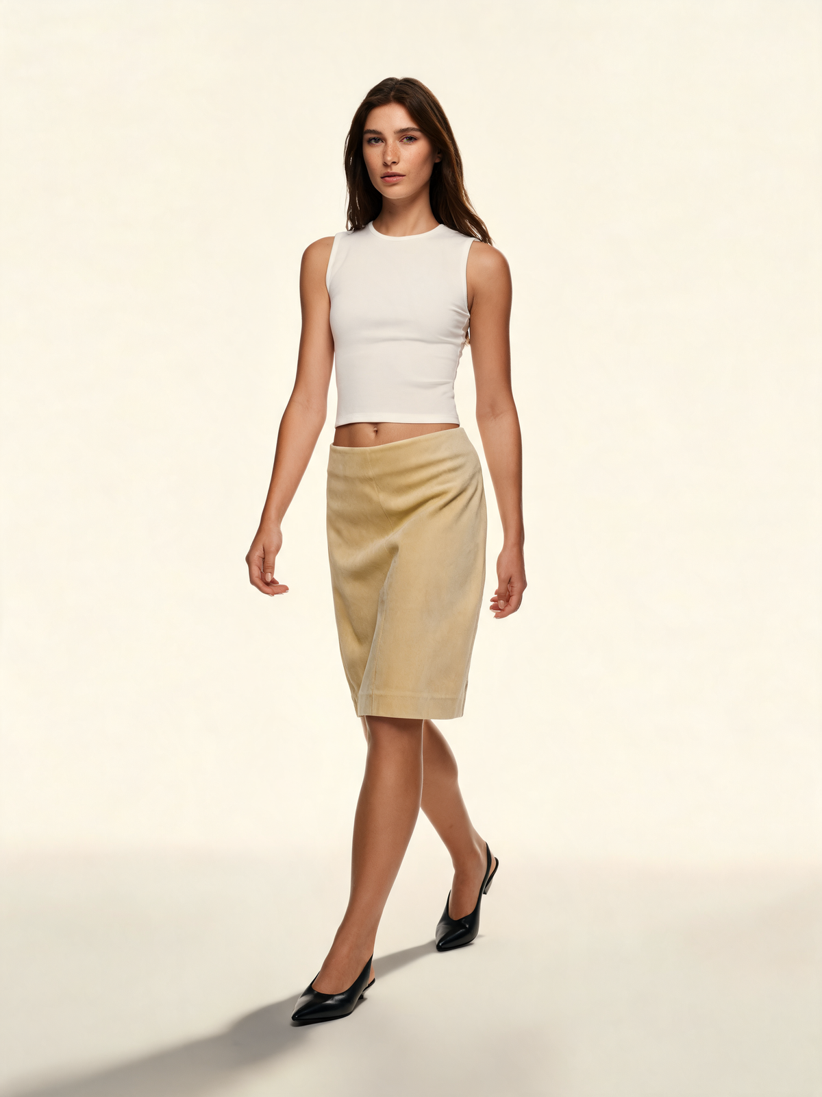 Beige Suede A-Line Midi Skirt