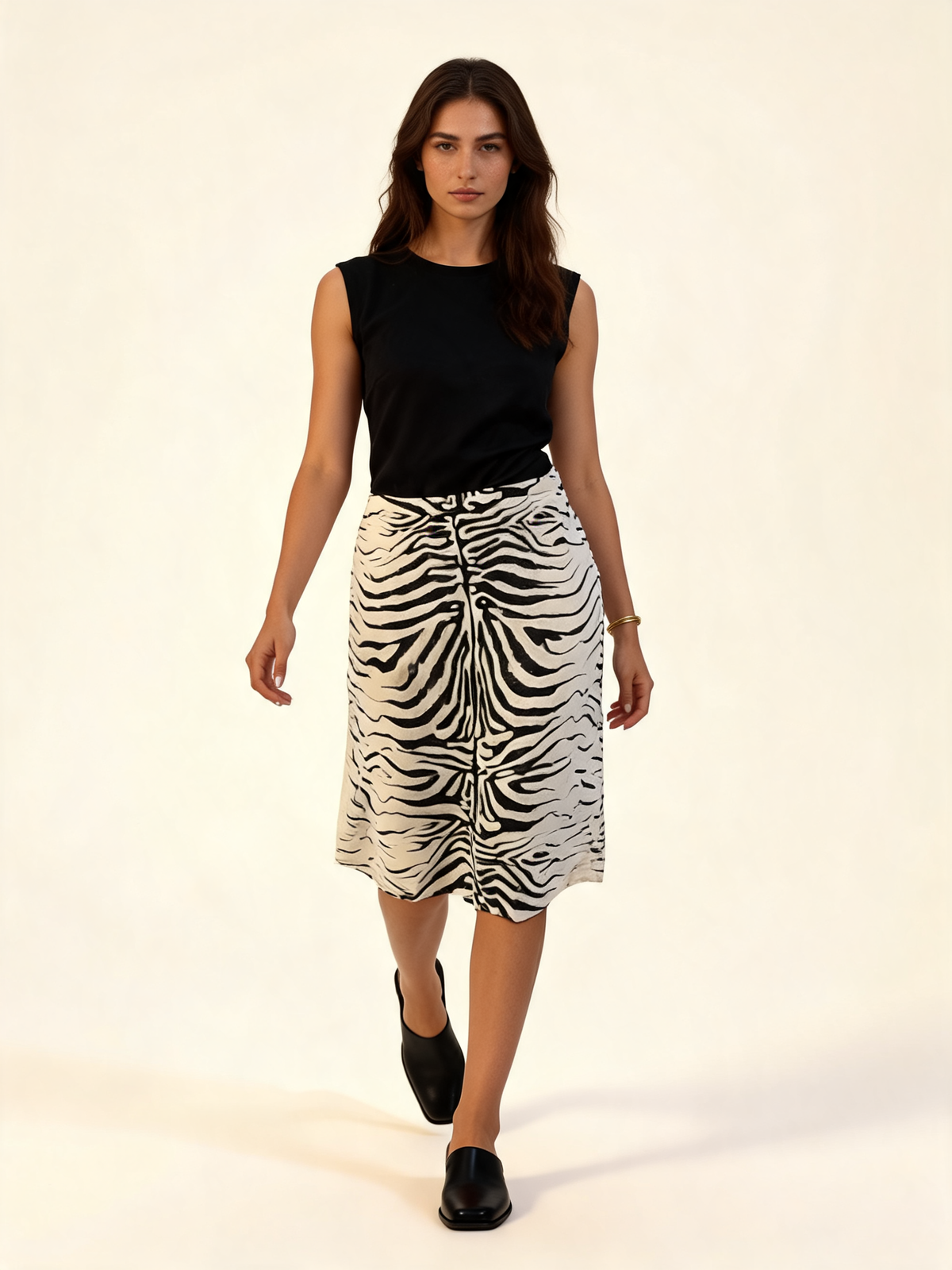 Zebra Print Ruched Midi Skirt