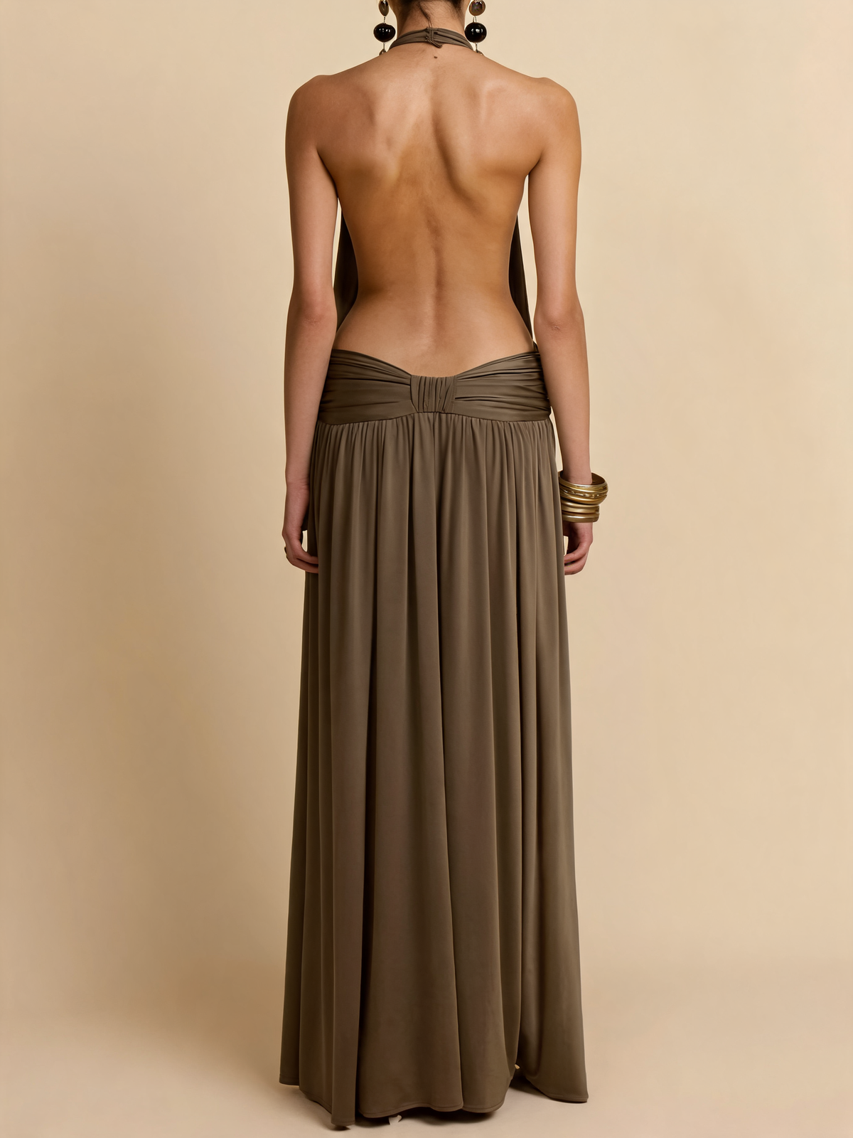 Khaki Halter Draped Maxi Dress