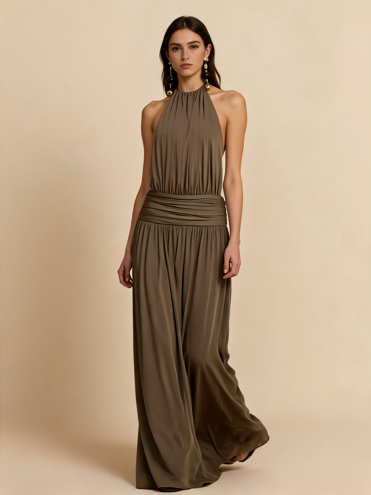 Khaki Halter Draped Maxi Dress