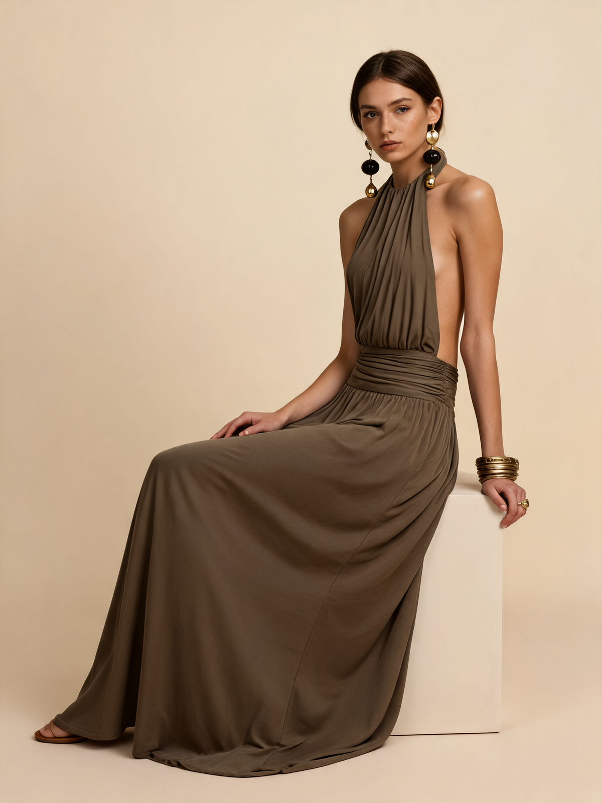 Khaki Halter Draped Maxi Dress