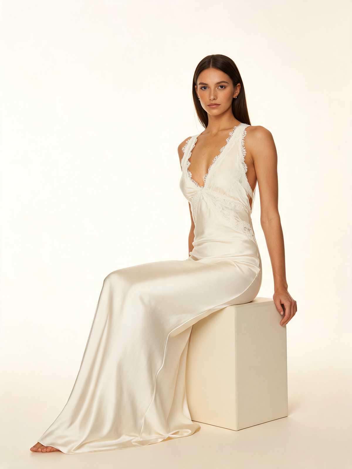 Cream Lace Trim Cross Back Maxi Dress