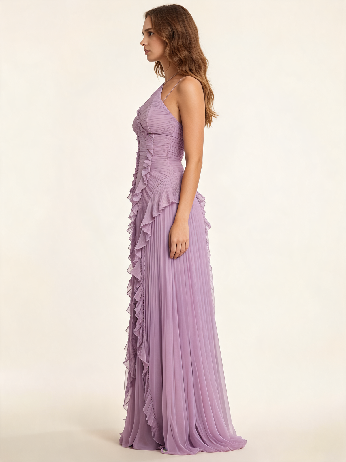 Pleated Halter Neck Ruffle Maxi Dress