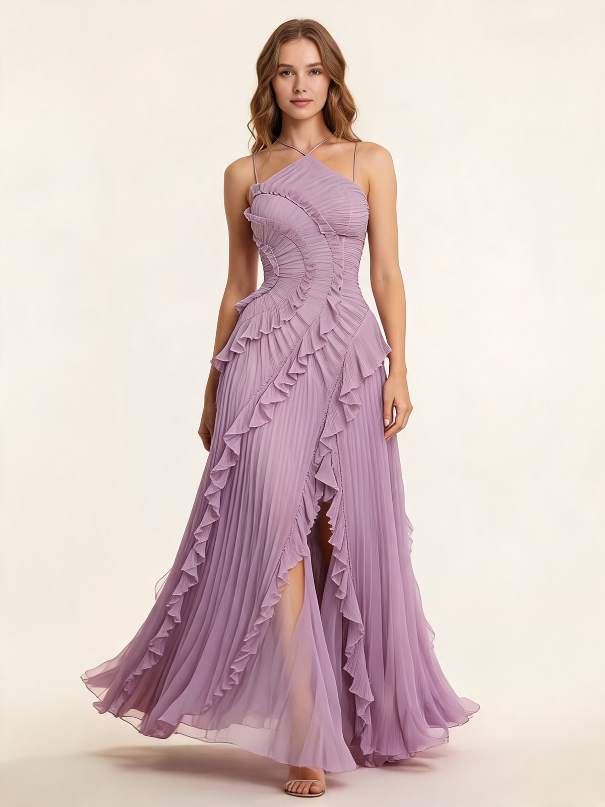 Pleated Halter Neck Ruffle Maxi Dress