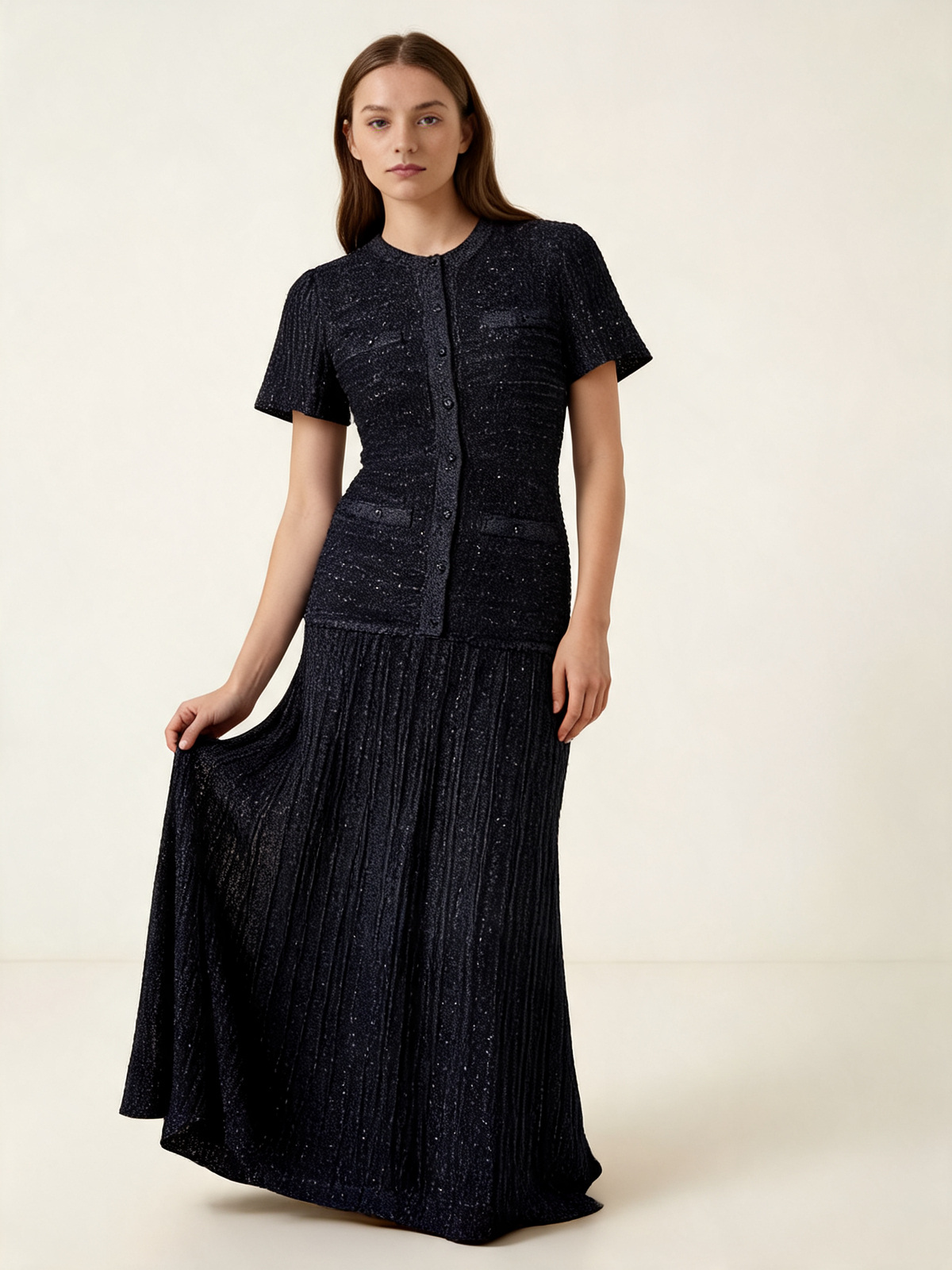 Blue Glitter Rhinestone Midi Shirt Dress