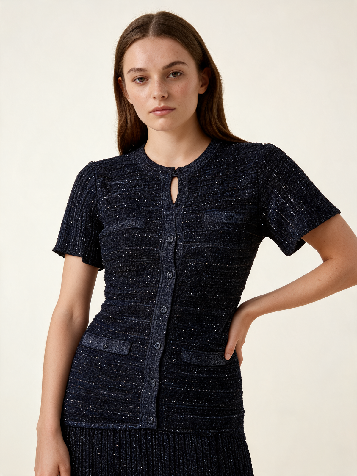 Blue Glitter Rhinestone Midi Shirt Dress