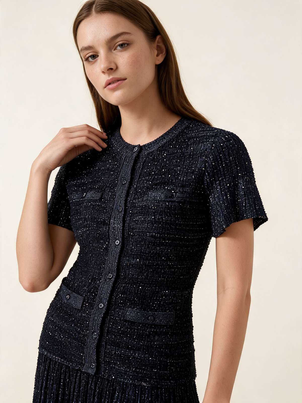 Blue Glitter Rhinestone Midi Shirt Dress