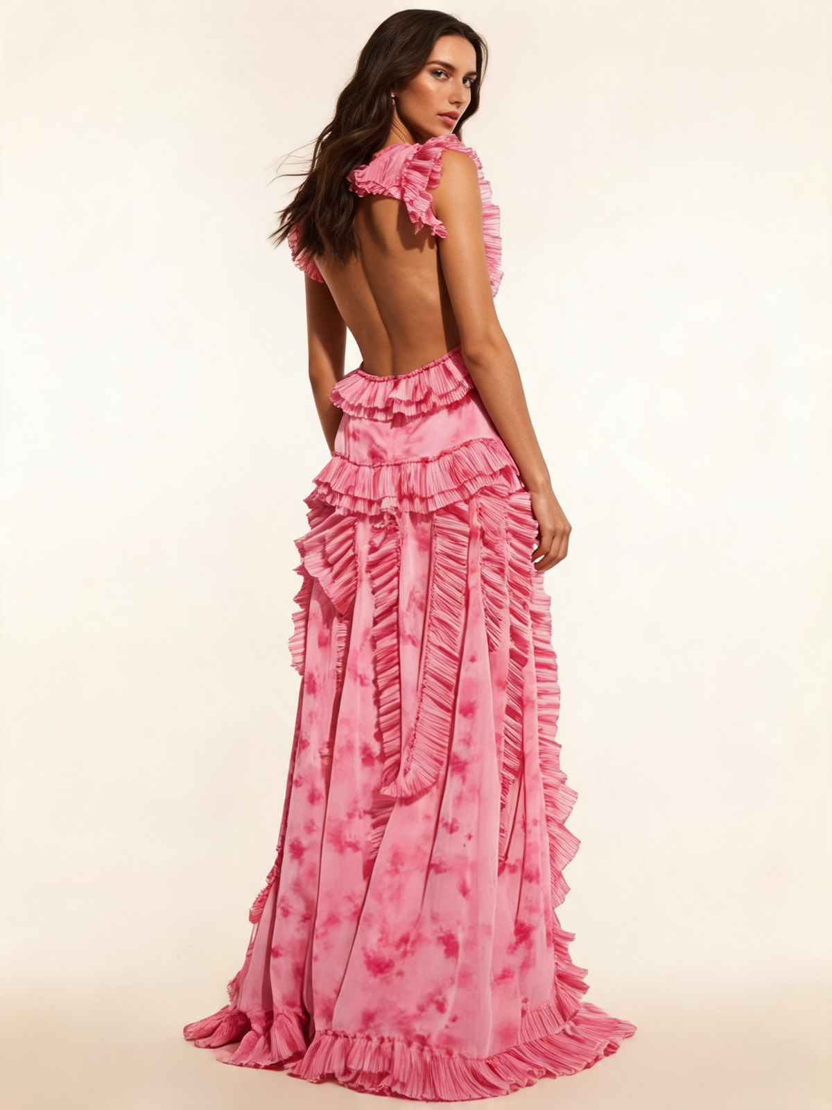 Pink Tie-Dye Ruffle Cut-Out Maxi Dress