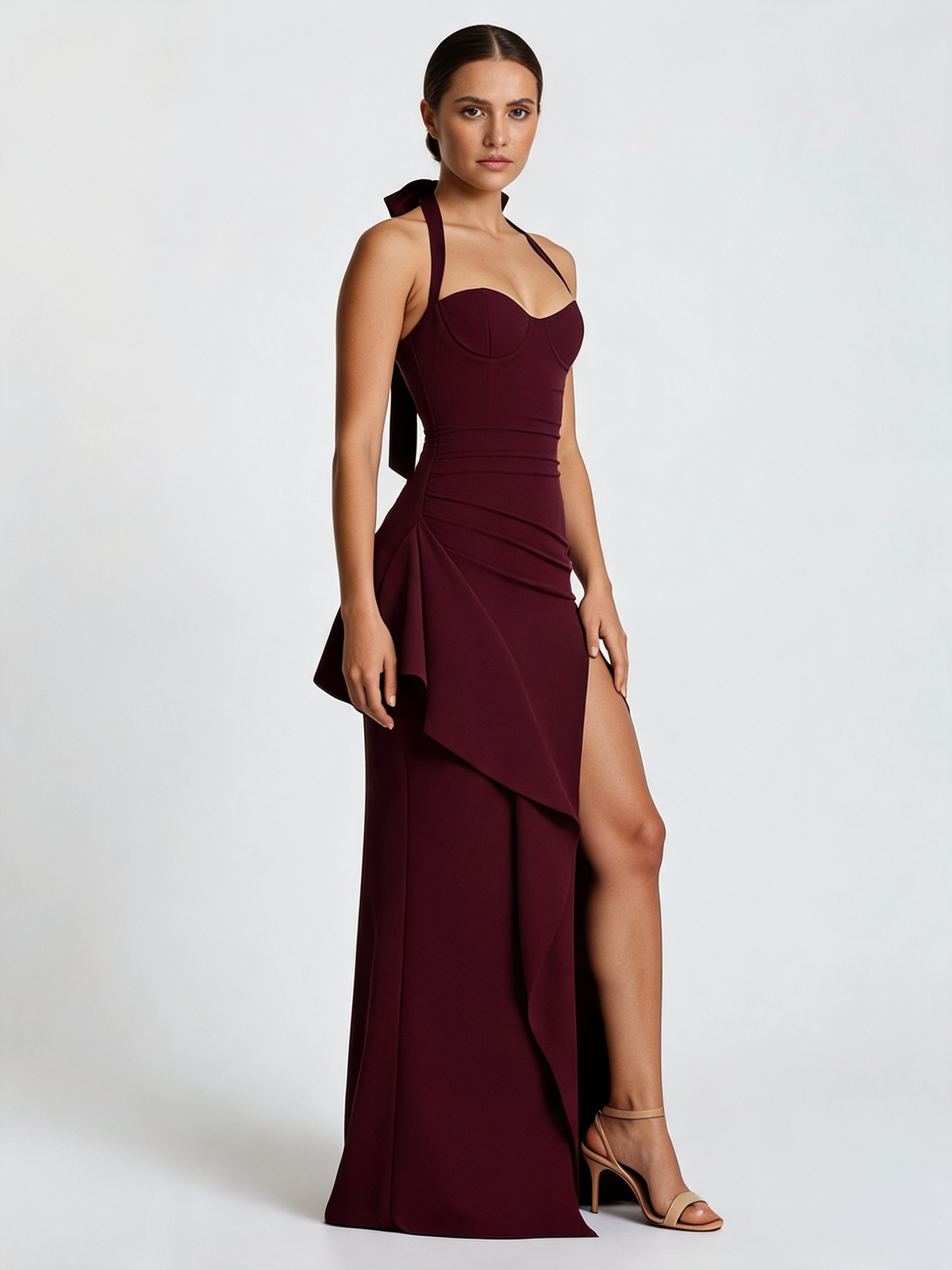 Cherry Red Pleated Halter Maxi Dress