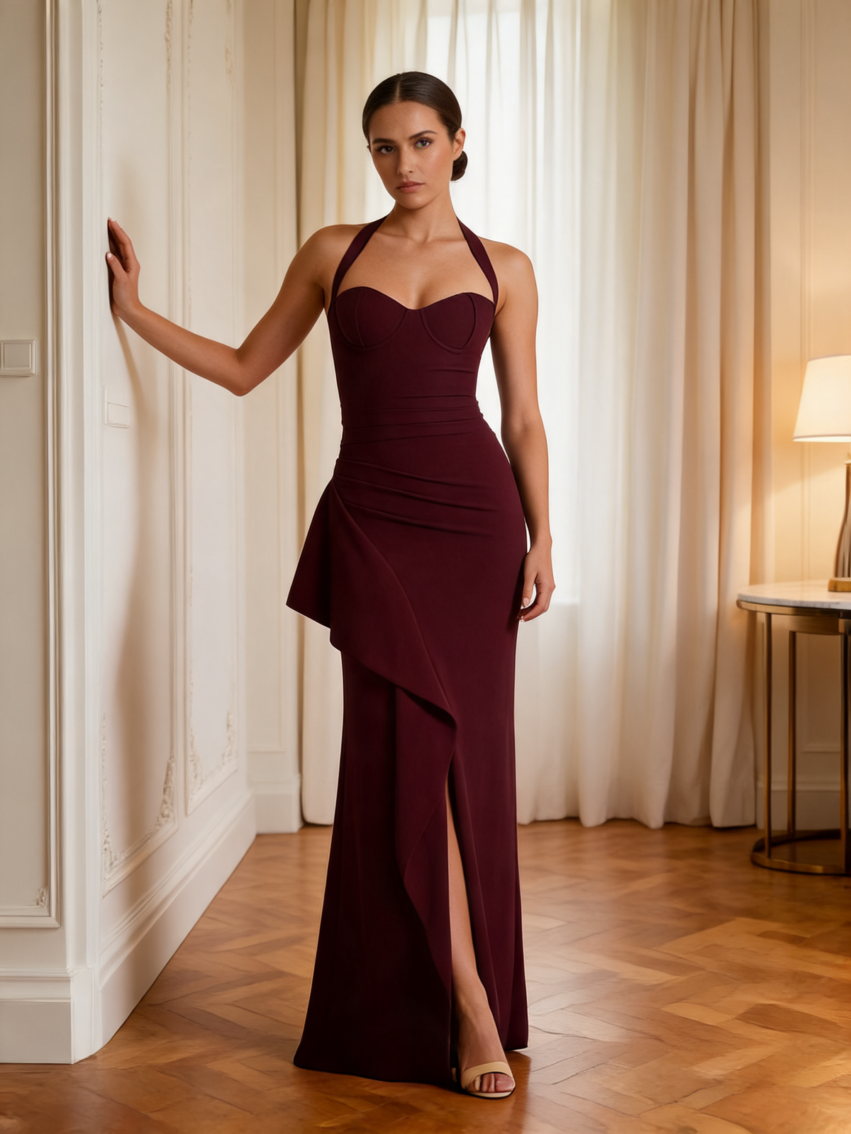 Cherry Red Pleated Halter Maxi Dress