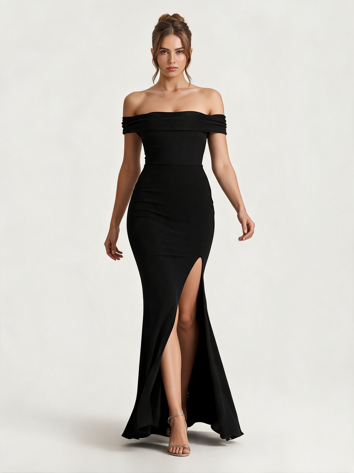 Black Bardot High Split Maxi Dress
