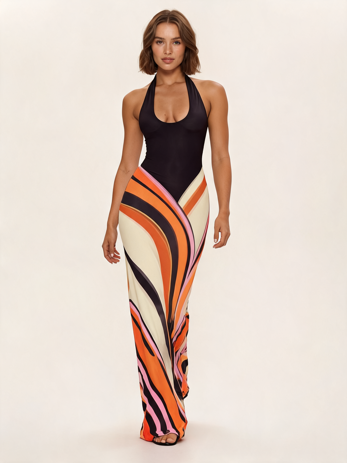 Swirl Print Halter Mesh Maxi Dress