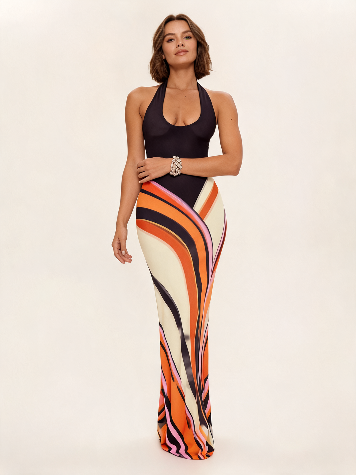 Swirl Print Halter Mesh Maxi Dress